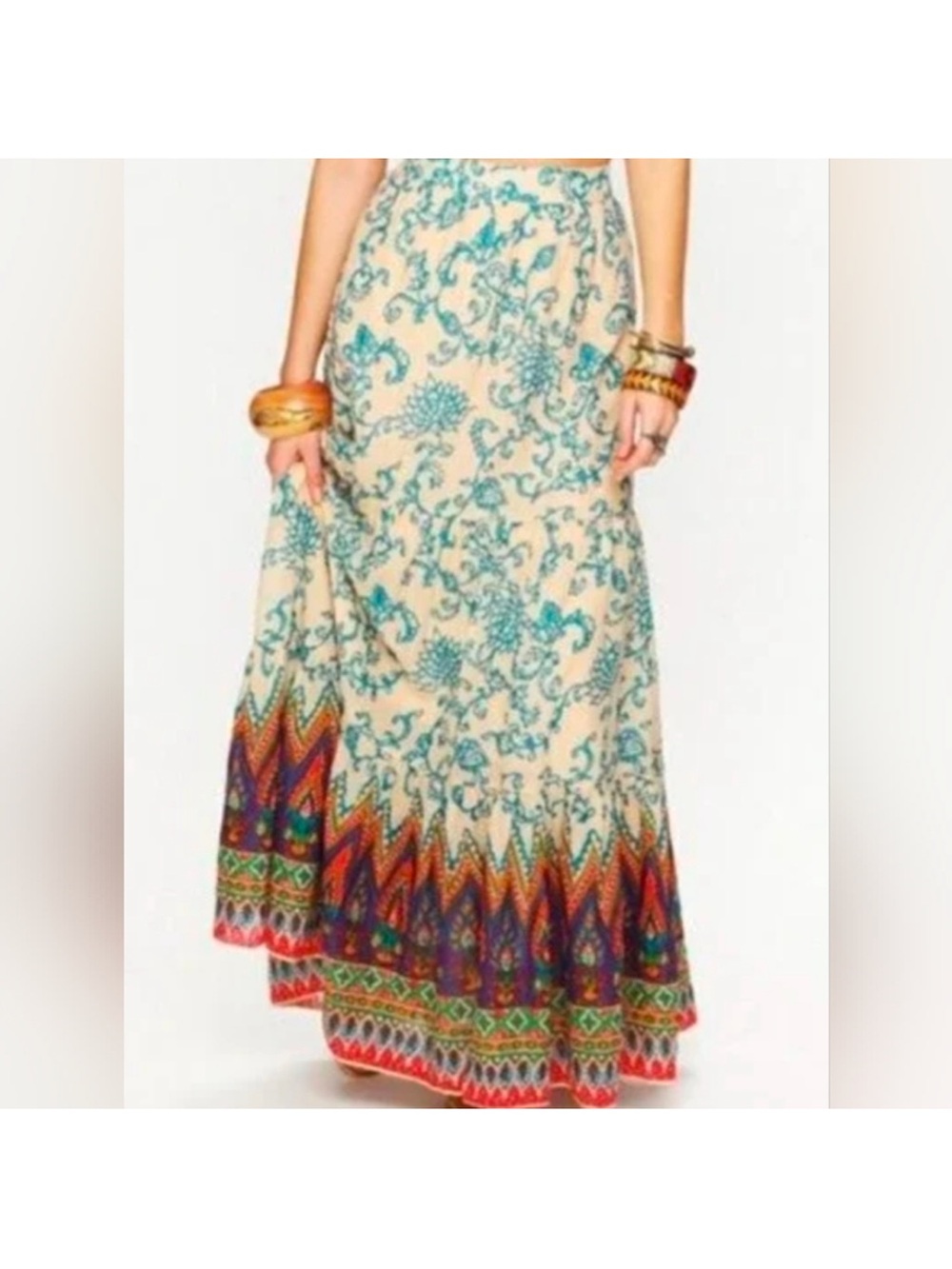 Free People Cream Maxi Skirt with Teal Floral and Multicolor Border XS